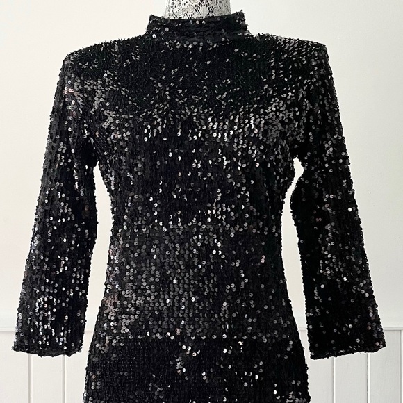 Zara Basic Black Mock Neck Open Back 3/4 Sleeve Sequin Mini Dress Size L - Picture 2 of 15